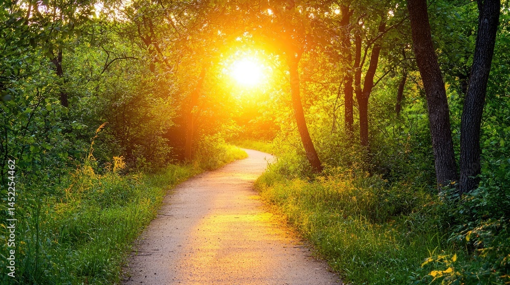 Sunlight path through a verdant forest trail. Sunlight path through a verdant forest trail.