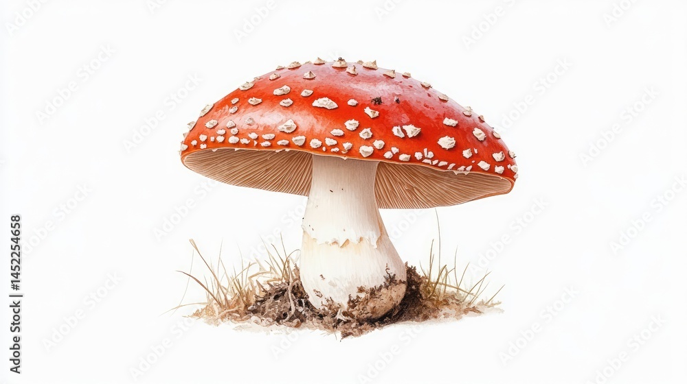 Obraz premium Vibrant Red Mushroom with White Speckles on Isolated Background