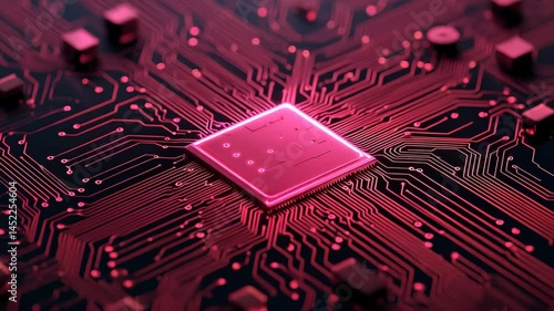 Glowing Red Microchip on Circuit Board Showcases Intricate Pathways and Connections, Highlighting Technology and Innovation