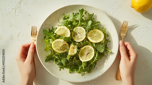 Flat lay composition of a fresh mixed greens salad with lemon slices and seeds on a white ceramic plate, set over a neutral beige background, two hands poised with minimalist golden cutlery, photo