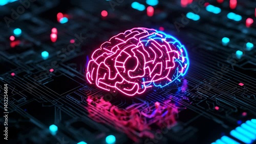 Glowing Neon Brain on Circuit Board Symbolizes Artificial Intelligence and Technology in Futuristic Display