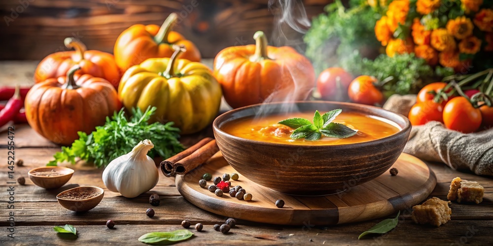 Autumn Harvest Soup Feast: Rustic Table with Fresh Ingredients & Bokeh Autumn Harvest Soup Feast: Rustic Table with Fresh Ingredients & Bokeh