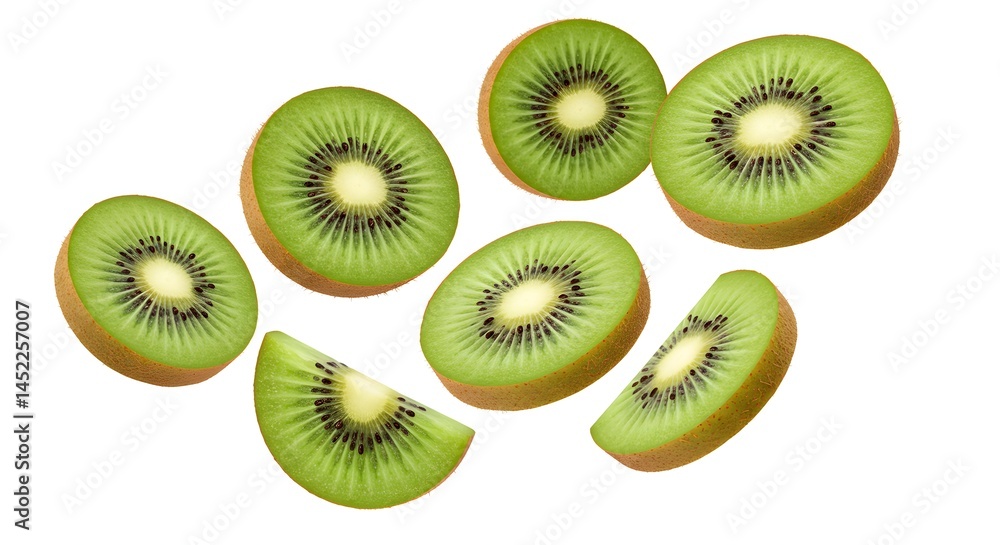 Fototapeta premium Kiwi slices flying in mid-air, isolated on white