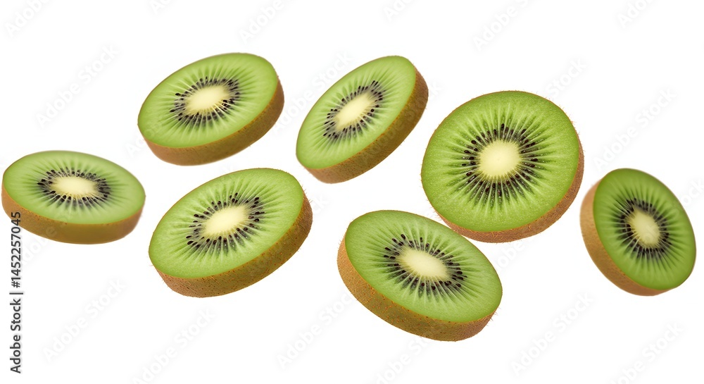Fototapeta premium Kiwi slices flying in mid-air, isolated on white