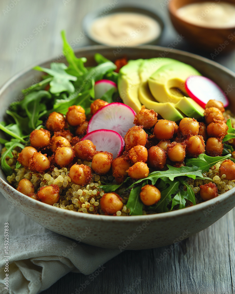 A nutrient-packed quinoa salad with crispy roasted chickpeas, arugula, thinly sliced radishes, avocado slices, and a drizzle of creamy tahini dressing. The dish is presented in a neutral-toned ceramic A nutrient-packed quinoa salad with crispy roasted chickpeas, arugula, thinly sliced radishes, avocado slices, and a drizzle of creamy tahini dressing. The dish is presented in a neutral-toned ceramic