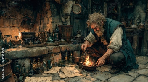 Wallpaper Mural Alchemist working by fire in medieval setting Torontodigital.ca