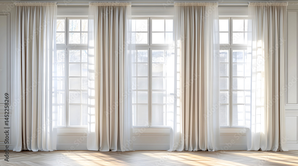 Fototapeta premium Elegant Interior: Sunlight streams through sheer curtains of a spacious room, showcasing the classic architectural details. the serene atmosphere, invites a sense of calm and sophistication.