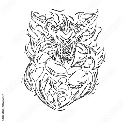 Stylized depiction of a horned demon with muscular physique line art illustration