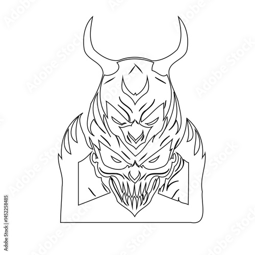 Intricate line art depicting a dual-faced, horned demonic figure illustration