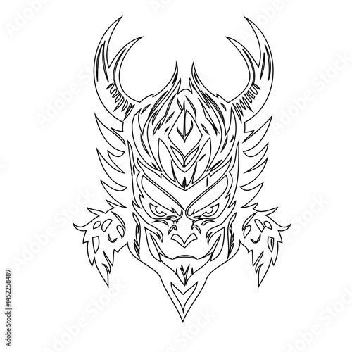 Stylized depiction of a horned mythical figure with intricate line work design