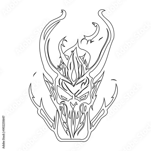 Intricate line drawing depicting a demon visage with stylized horns and features