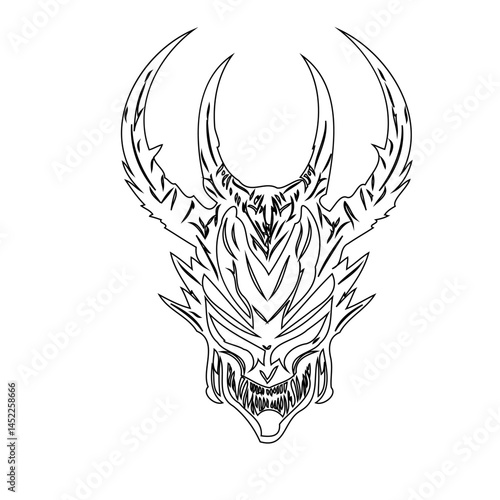 Striking depiction of a fierce demonic entity in a bold black and white design