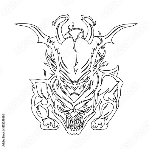 Intricate line art depicting a dual-faced mythological creature with ornate horns