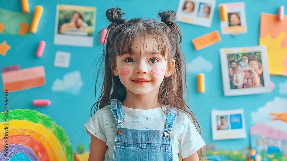 Fototapeta premium A creative photo collage of kids painting rainbows, laughing in a park, and playing with toys, each photo pinned on a corkboard-style scrapbook layout with crayon marks and handwritten labels.