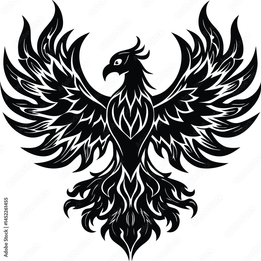Fototapeta premium Black Phoenix Bird Vector Illustration: Rising Firebird Tattoo Design Image