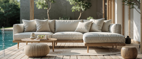Modern outdoor lounge area featuring comfortable beige sofa and stylish decor items