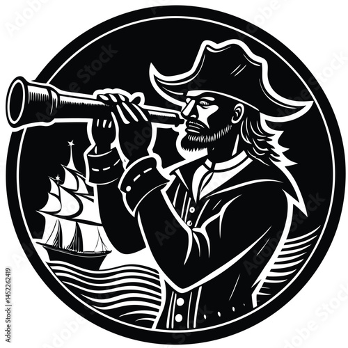 Pirate Captain with Spyglass Vector Illustration Vintage Nautical Sea Adventure Art