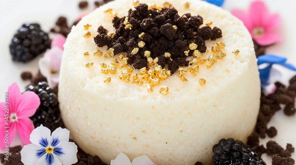 Fototapeta premium Gourmet Dessert: Creamy White Cake with Gold and Chocolate