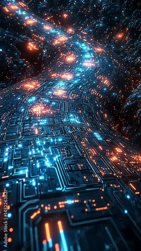 Futuristic digital landscape with glowing circuitry paths Futuristic digital landscape with glowing circuitry paths