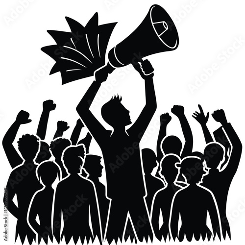 Black & White Protest Crowd Silhouette with Megaphone, Activism Vector Graphic
