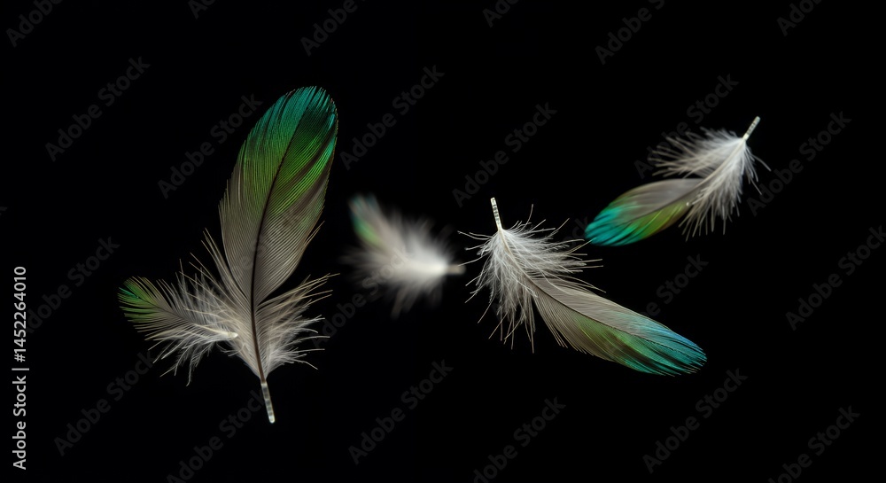 Obraz premium Detailed Feathers Isolated on Black Background with Iridescent Teal and White Colors High Angle Composition Decoration Project Light and Shadow