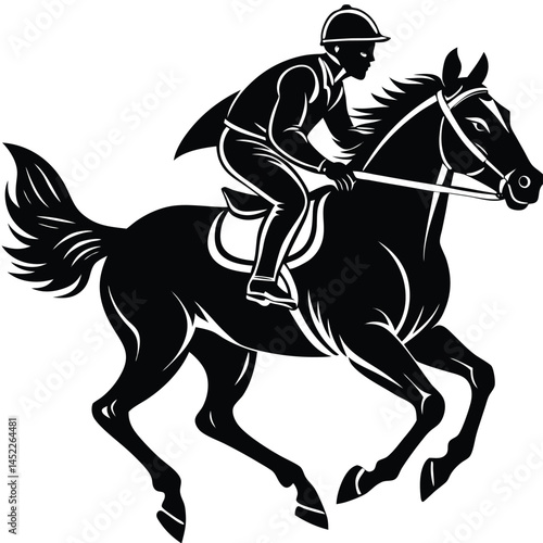 Silhouette of a Horse and Jockey Racing: Black and White Vector Illustration