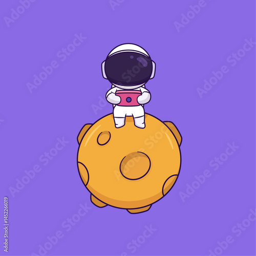 Cute cartoon of astronaut playing console game portable on the moon. Vector illustration of joy astronaut play game. Science, hobby and technology concept.