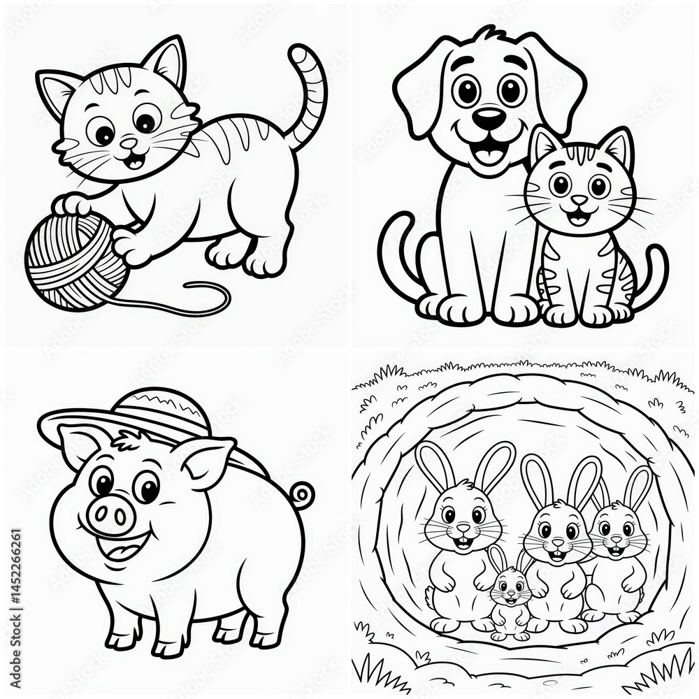 Obraz premium Cute Cartoon Animals Line Art Collection Transparent Background.