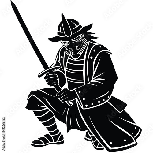 Black Silhouette Samurai Warrior with Katana Sword, Armor, and Helmet in Crouched Position
