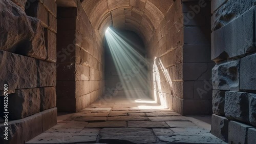 Sunlight streams through an archway, illuminating a stone tunnel, creating a captivating scene.