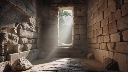 Sunlight streams through an ancient stone doorway, illuminating steps in an aged structure's interior.