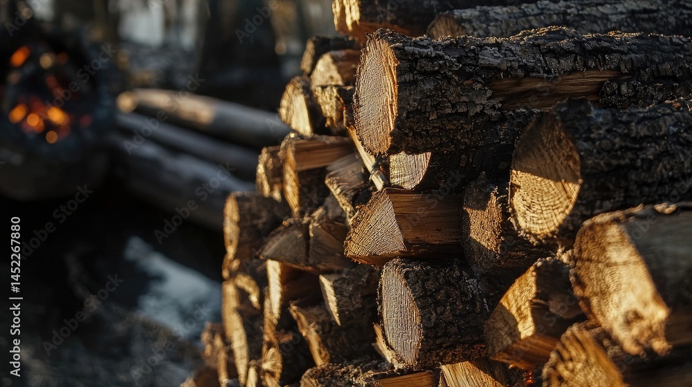 Close-up view of a neatly stacked firewood pile. Close-up view of a neatly stacked firewood pile.