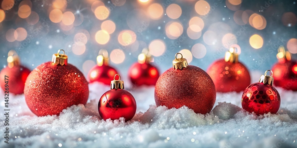 Christmas Red Ornaments on Snowy Background - Festive Holiday Banner Christmas Red Ornaments on Snowy Background - Festive Holiday Banner