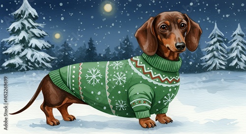 Dachshund Wearing Green Christmas Sweater in Snowy Winter Scene with Pine Trees at Night for a Cozy Holiday Illustration