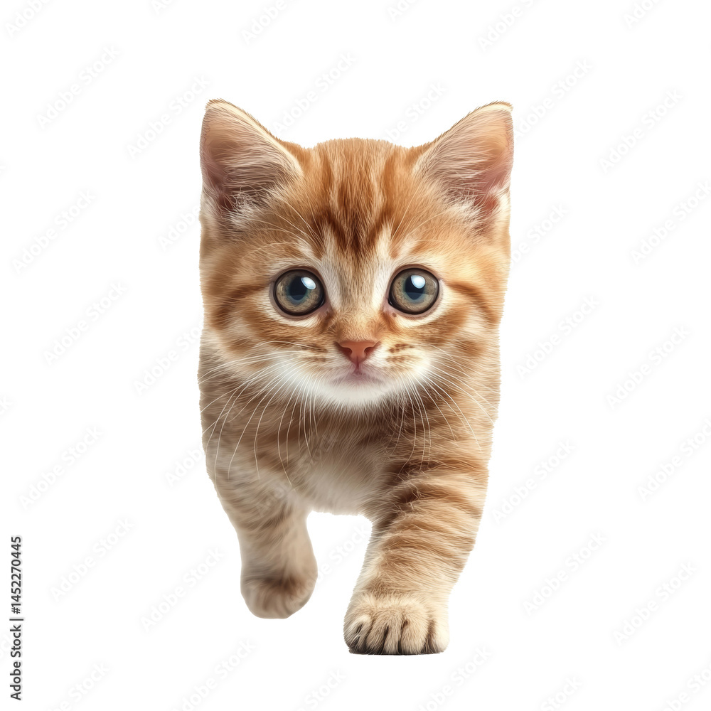 Obraz premium A full-body image of a small, cute kitten standing and looking directly at the camera, isolated on a transparent background