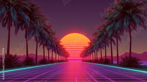 Fototapeta Naklejka Na Ścianę i Meble -  Synthwave sunset with palm trees and neon grid for retro style designs