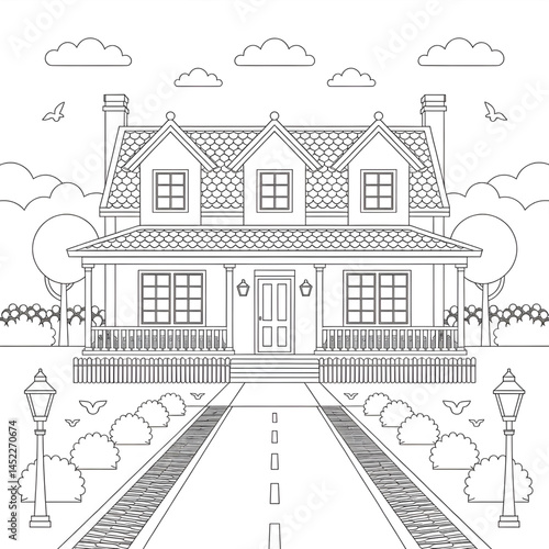 Wallpaper Mural ‎A black and white A bungalow in front of the road illustration line art of a coloring page Torontodigital.ca