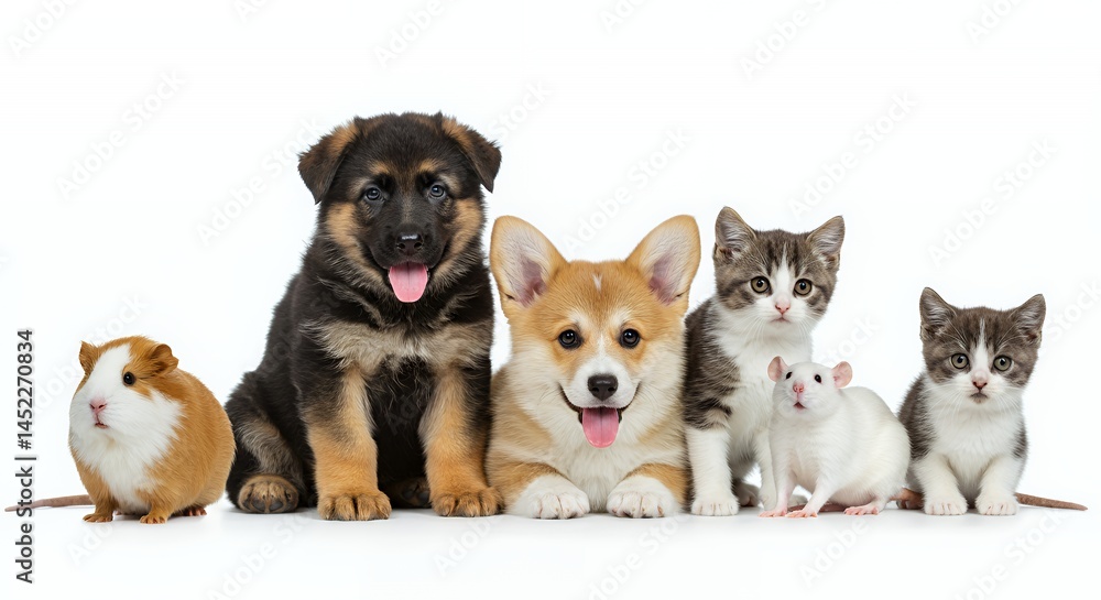 Diverse Pets Grouped Playfully on White Backdrop featuring Guinea Pig German Shepherd Puppy Corgi Cat Rat and Kitten in a Studio Setting with Soft Lighting Isolated on White Diverse Pets Grouped Playfully on White Backdrop featuring Guinea Pig German Shepherd Puppy Corgi Cat Rat and Kitten in a Studio Setting with Soft Lighting Isolated on White