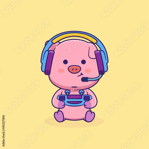 Vector illustration of cute cartoon pig holding joystick and wearing headphone. Animal and technology icon concept Isolated. Piglets in flat cartoon style.