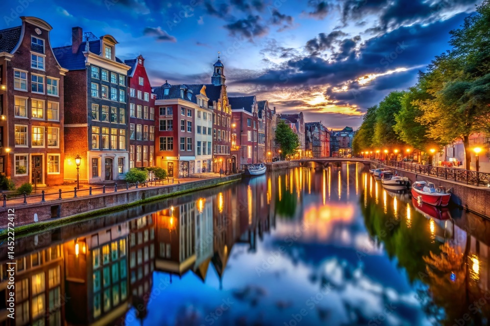 Fototapeta premium Colorful Buildings Reflecting in Serene Canal at Night - Stunning Cityscape Stock Photo