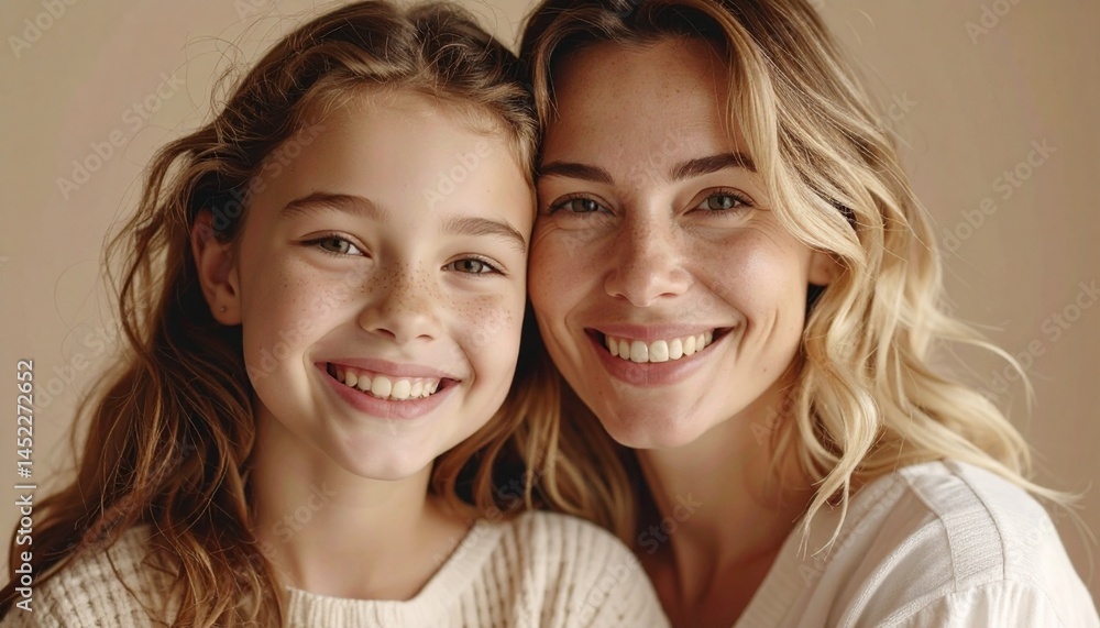 Affectionate Bond: A portrait of a mother and daughter, radiating warmth and love as they smile, epitomizing the beautiful connection between them. Affectionate Bond: A portrait of a mother and daughter, radiating warmth and love as they smile, epitomizing the beautiful connection between them.