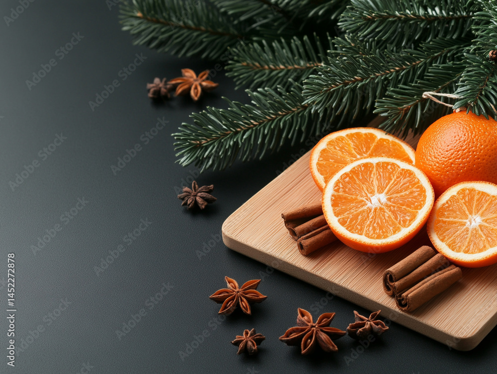 Orange segments with cloves and cinnamon, festive still life Orange segments with cloves and cinnamon, festive still life