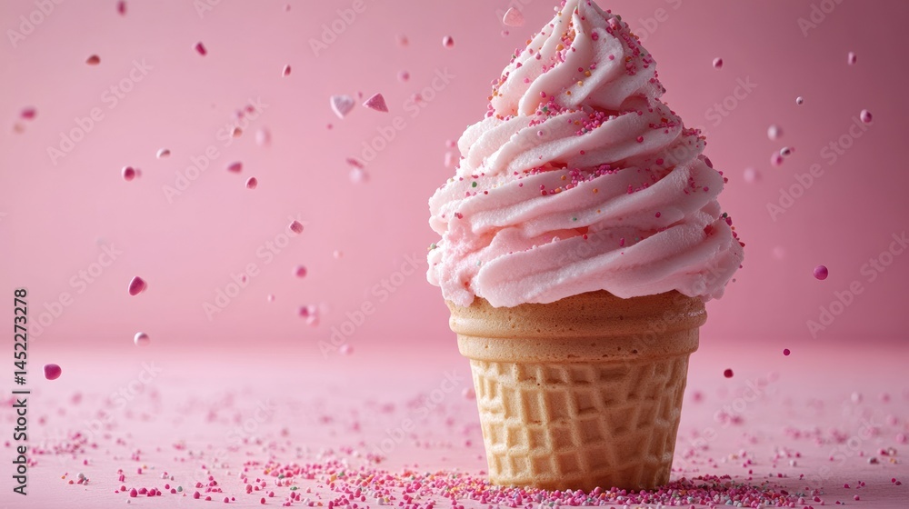 Pink soft serve ice cream cone with sprinkles against a pink background. Pink soft serve ice cream cone with sprinkles against a pink background.