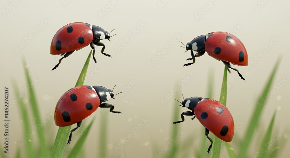 Four Red Ladybugs with Black Spots on Green Grass with Beige Background in Studio Shot Nature Wildlife Springtime Macro Photography for Earth Day Four Red Ladybugs with Black Spots on Green Grass with Beige Background in Studio Shot Nature Wildlife Springtime Macro Photography for Earth Day