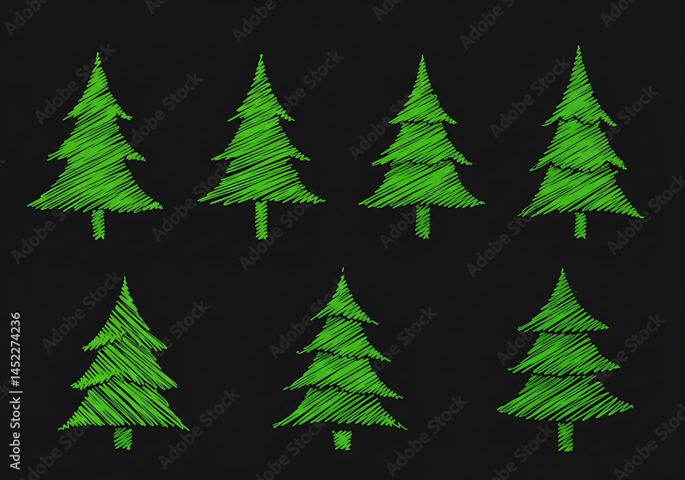 Obraz premium Chalkboard Christmas Trees: Festive Green on Black AI Generated