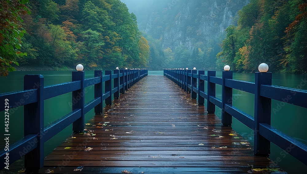 Fototapeta premium Rainy Pier with Autumn Lake, and Forest.