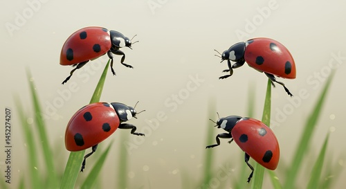 Four Red Ladybugs with Black Spots on Green Grass with Beige Background in Studio Shot Nature Wildlife Springtime Macro Photography for Earth Day