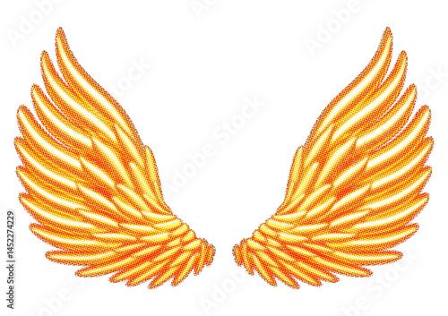 3d golden angel wings wth halftone effect. Stock vector illustration on isolated background.