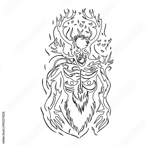 Ethereal antlered being outline illustration, evokes dark magic and folklore
