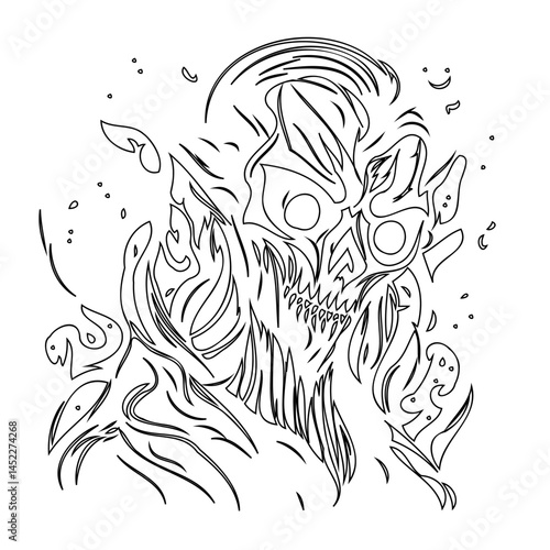 Abstract Line Art Illustration of a Monstrous Figure with Ethereal Flames